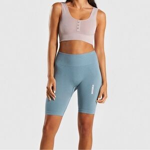 Gymshark Power Down Blue Matching Set shorts and crop top sports bra.